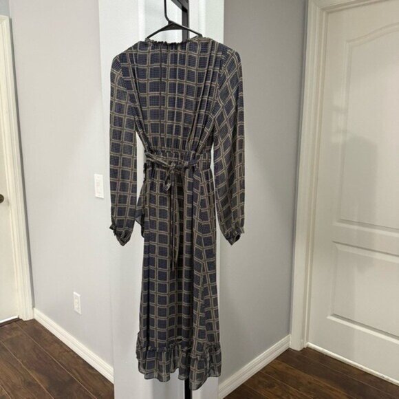DRA CICERO DRESS - NAVY PRINT Windowpane Wrap Long Sleeve Midi Size Small - Picture 7 of 8
